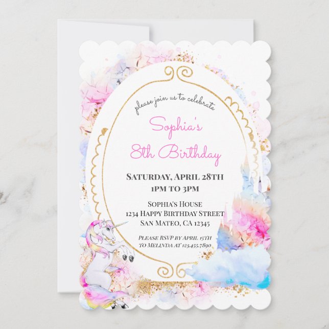 Unicorn Pastel Princess Birthday Party Invitation  (Front)