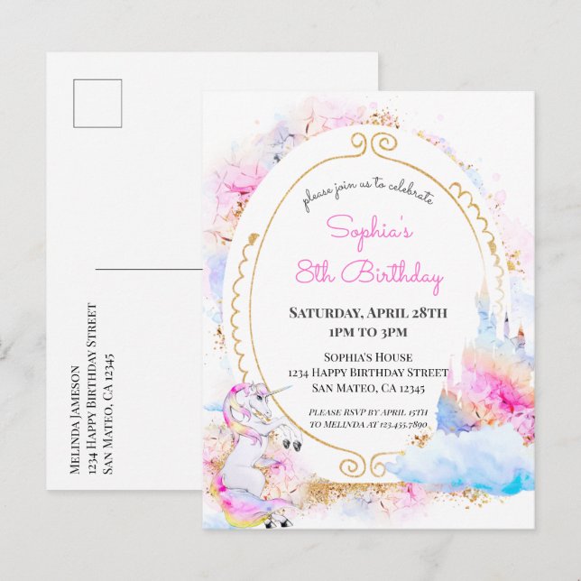 Unicorn Pastel Princess Birthday Party Invitation  (Front/Back)
