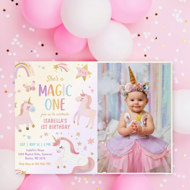 Unicorn Pastel Rainbow 1st Birthday Photo Invitation (Creator Uploaded)