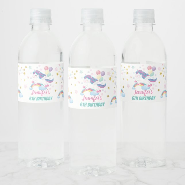 Unicorn Pastel Rainbow Birthday Baby Shower Water Bottle Label (Bottles)