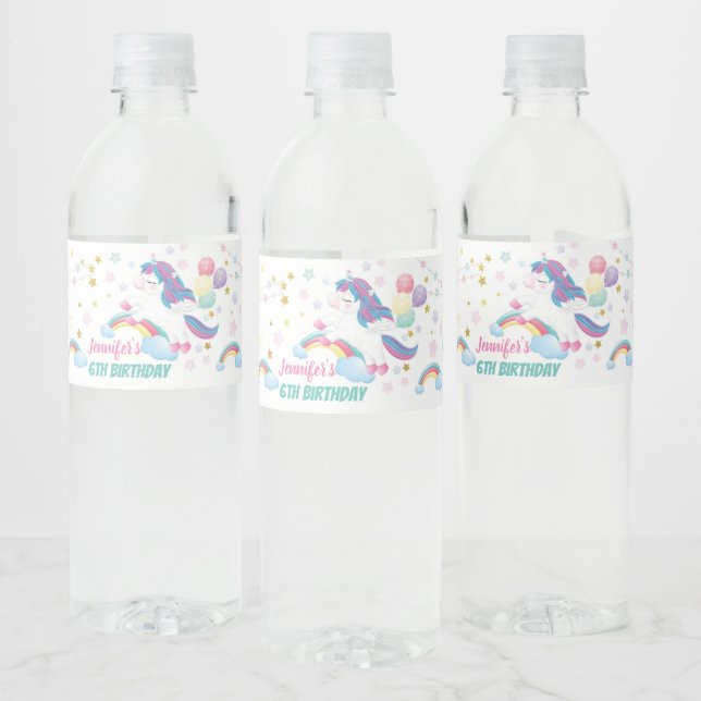 Unicorn Pastel Rainbow Birthday Baby Shower Water Bottle Label (Bottles)