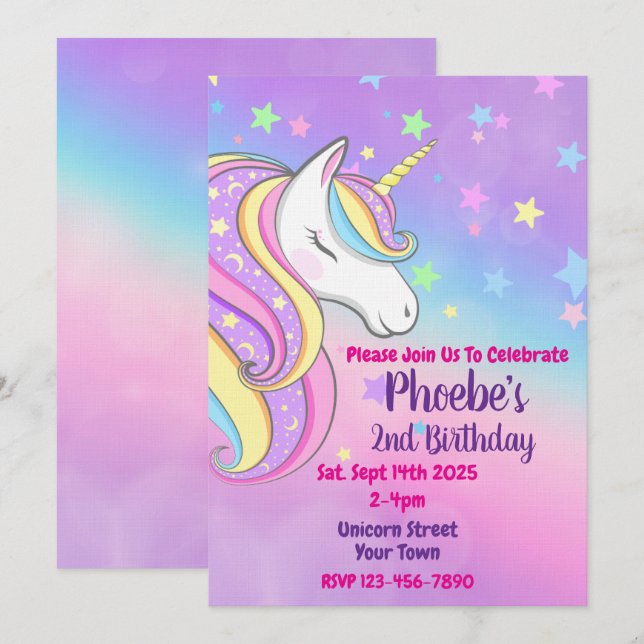 Unicorn Pastel Rainbow Birthday Party Invitation (Front/Back)