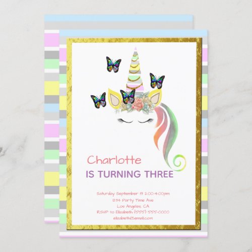 Unicorn Pastel Rainbow Butterflies Gold Birthday Invitation