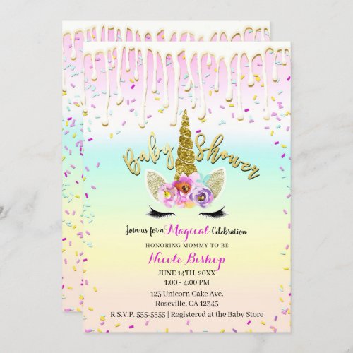 Unicorn Pastel Rainbow Frosting Drip Baby Shower Invitation
