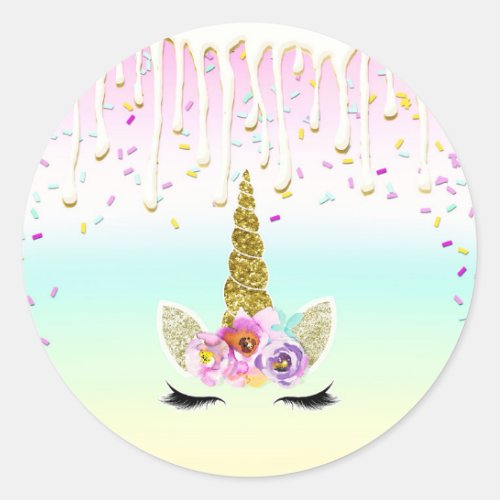 Unicorn Pastel Rainbow Frosting Drip Birthday Classic Round Sticker