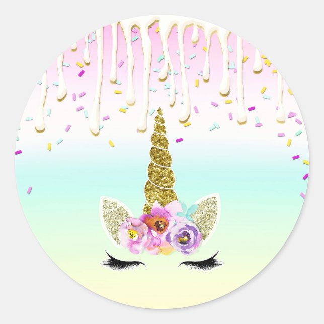 Unicorn Pastel Rainbow Frosting Drip Birthday Classic Round Sticker (Front)