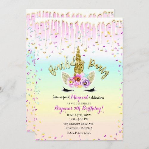 Unicorn Pastel Rainbow Frosting Drip Birthday Invitation