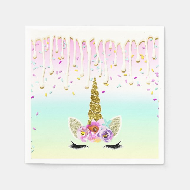 Unicorn Pastel Rainbow Frosting Drip Birthday Napkins (Front)