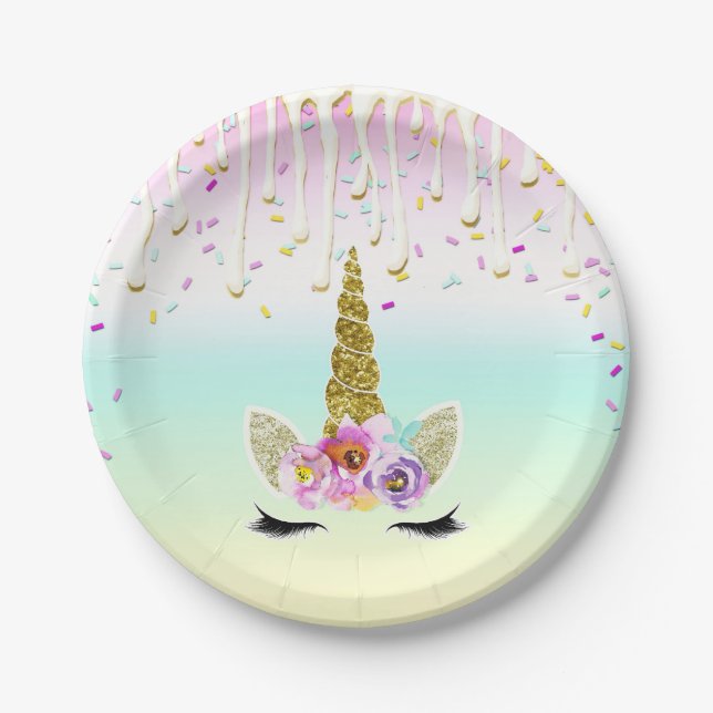 Unicorn Pastel Rainbow Frosting Drip Birthday Paper Plates (Front)