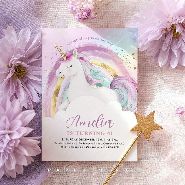 Unicorn Pastel Rainbow Girls Birthday Invitation (Girl's Unicorn Pastel Rainbow Birthday Invitation)
