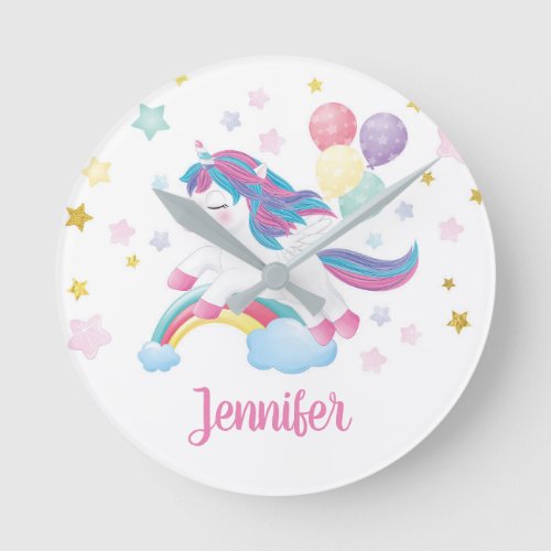 Unicorn Pastel Rainbow Personalised Name Cute Round Clock