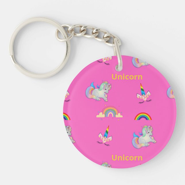 Unicorn pattern on pink keychain (Front)