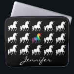 Unicorn Pattern Personalized Black White Girls Laptop Sleeve<br><div class="desc">Unicorn Pattern Personalized Black and White Silhouette Girls Neoprene Laptop Sleeve. A pretty pattern of white unicorn silhouettes on black background. Red, orange, yellow, green, blue and purple colors for the center unicorn in a rainbow watercolor design. Personalize this custom laptop case with name in beautiful script font underneath the...</div>