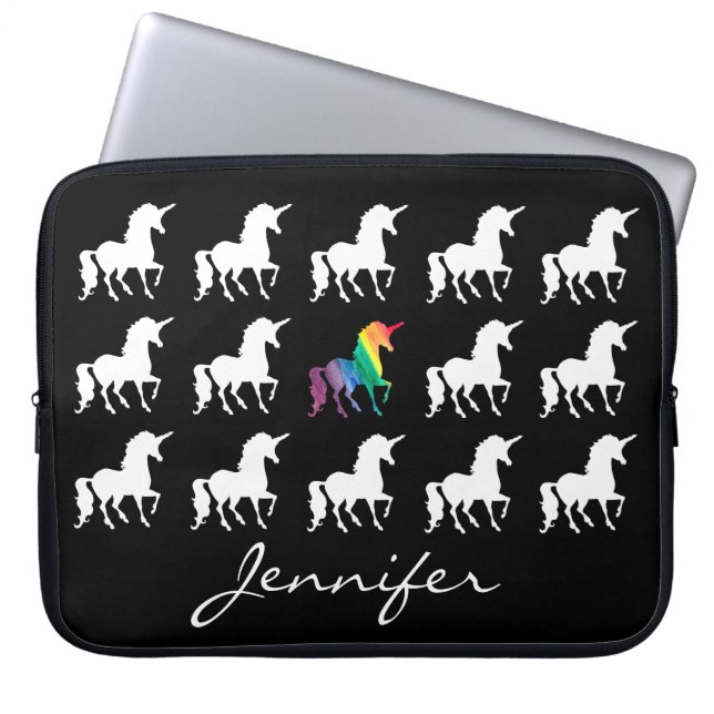 Unicorn Pattern Personalized Black White Girls Laptop Sleeve (Front)