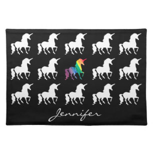 Unicorn Pattern Personalized Black White Rainbow Placemat