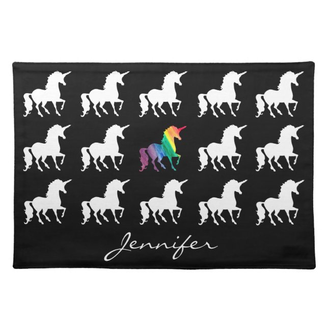 Unicorn Pattern Personalized Black White Rainbow Placemat (Front)