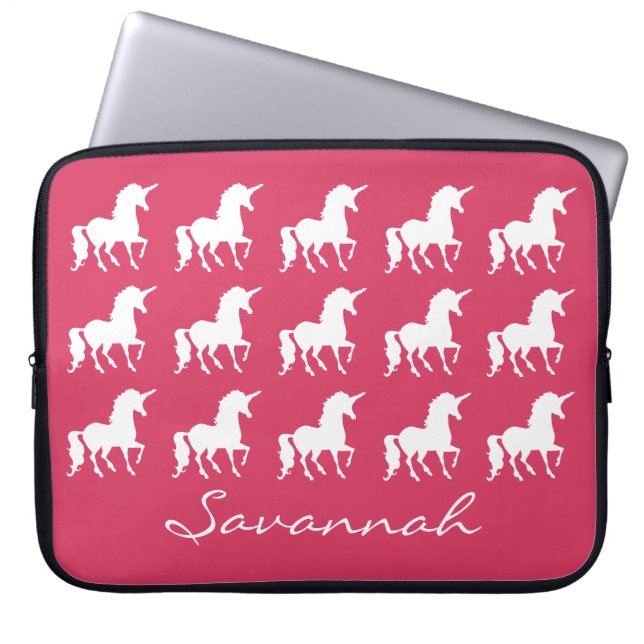 Unicorn Pattern Personalized Pink Silhouette Girls Laptop Sleeve (Front)