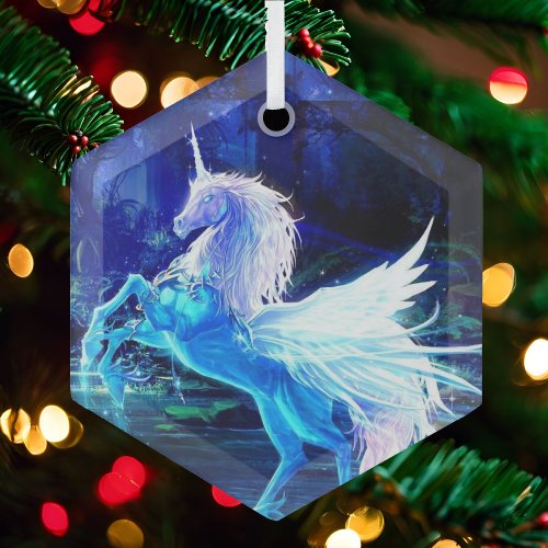 Unicorn Pegasus Blue Moonlight Christmas Tree Glass Ornament