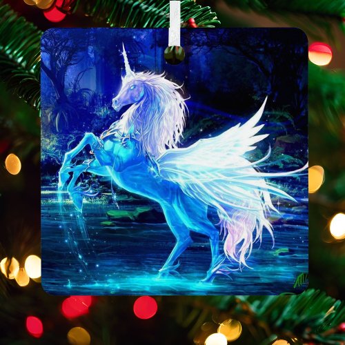 Unicorn Pegasus Blue Moonlight Christmas Tree Metal Ornament