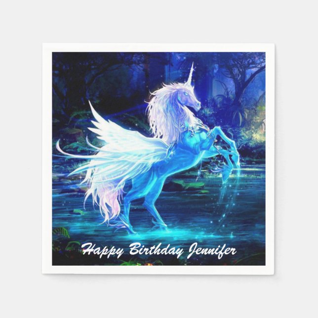 Unicorn Pegasus Fantasy in Moonlight Birthday Napkins (Front)