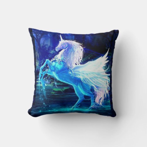 Unicorn Pegasus in Blue Moonlight Fantasy Throw Pillow