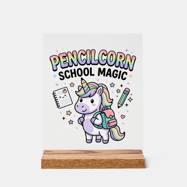 Unicorn Pencilcorn School Magic Charming Merch Des Acrylic Sign (Front)
