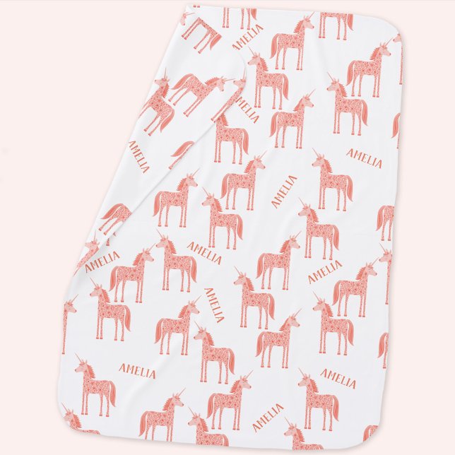 Unicorn Personalized Name Pink Baby Blanket (Personalized custom name pink unicorn pattern baby blanket)