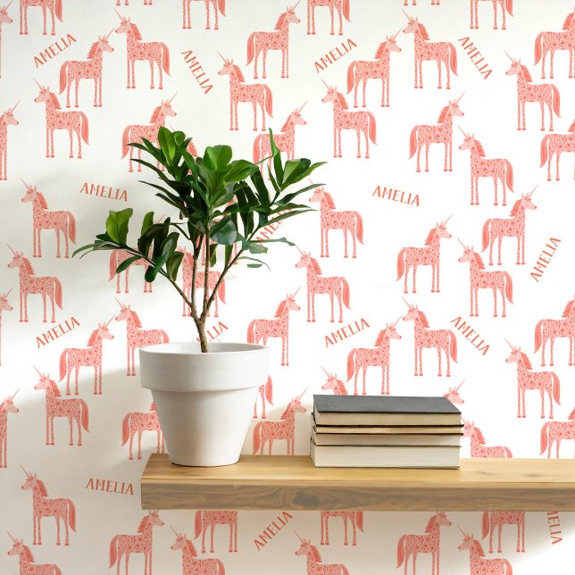 Unicorn Personalized Name Pink Wallpaper (Personalized custom name pink unicorn peel and stick wallpaper for a nursery, baby or girl’s room)