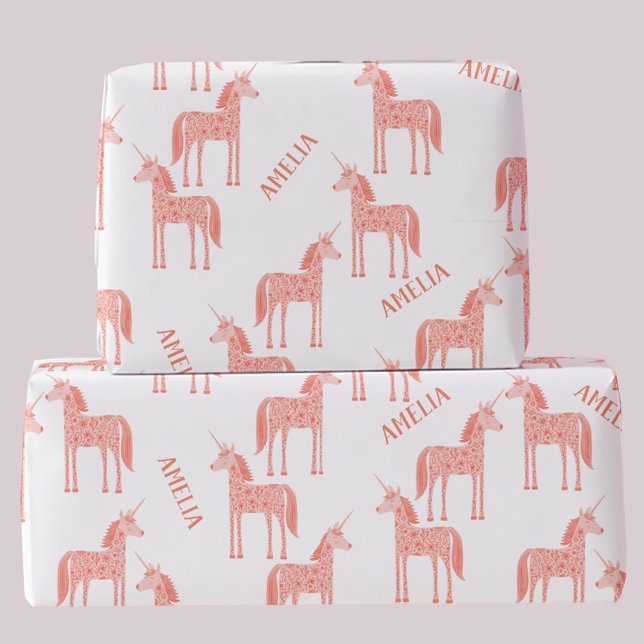 Unicorn Personalized Name Pink Wrapping Paper (Personalized custom name pink unicorn pattern gift wrapping paper)