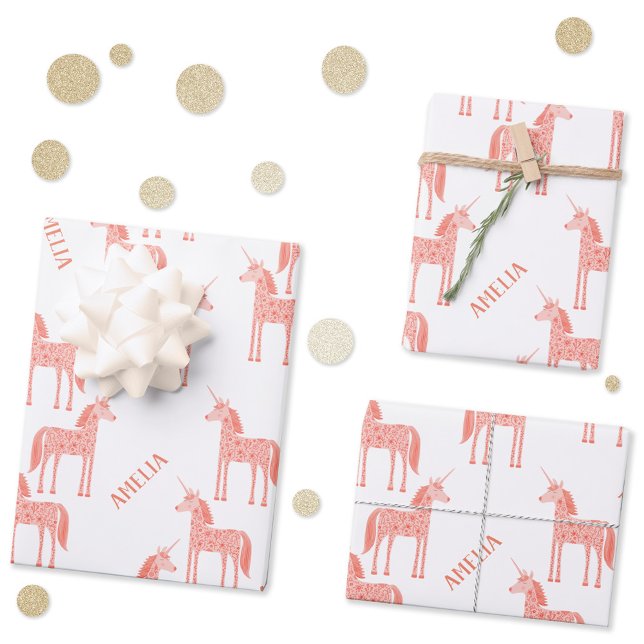 Unicorn Personalized Name Pink Wrapping Paper Sheets (Personalized custom name pink unicorn pattern gift wrapping paper sheets)
