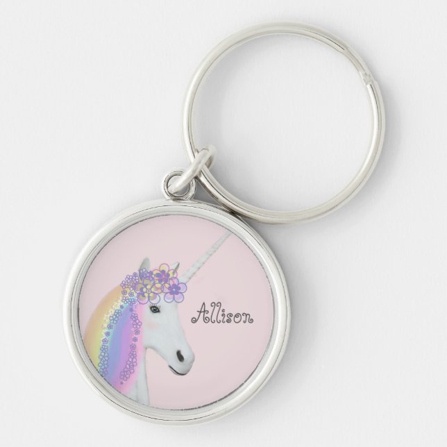 Unicorn Personalized Rainbow Pink Round Keychain (Front)