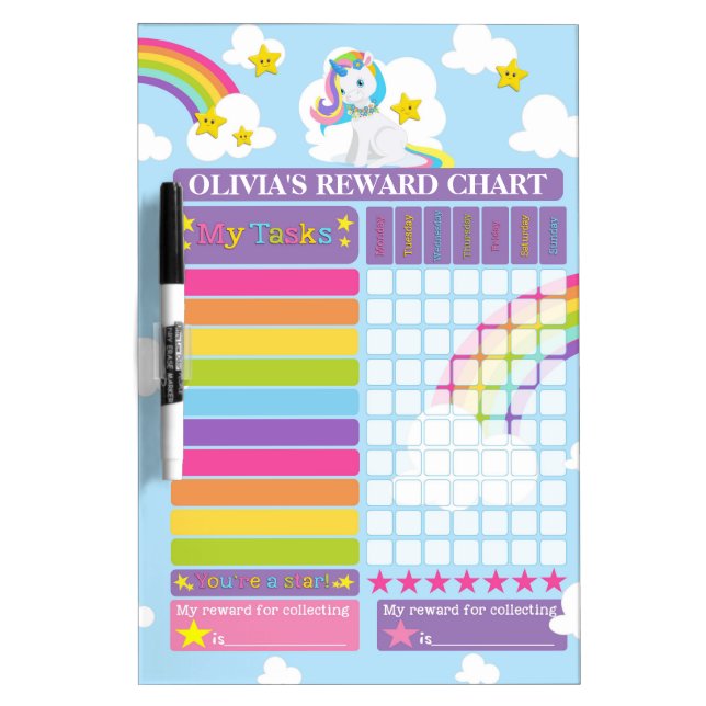 Unicorn Personalized Reward Chore Potty Chart Dry Erase Board (Front)