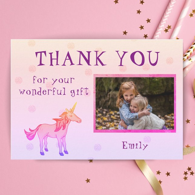 Unicorn Personalized Thank you Girl Photo Card (Creator Uploaded)