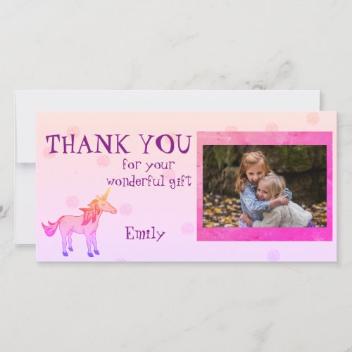 Unicorn Personalized Thank you Photo - This design comes with a cute rainbow unicorn on a pink background with pink dots. Pink sleeping unicorn has a beautiful mane and tale. The text " Thank you for your wonderful gift " can be changed. Add your name and photo. The size, font and colour of the text are costumizable.