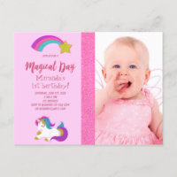 Unicorn photo 1st birthday girl party invitation postcard