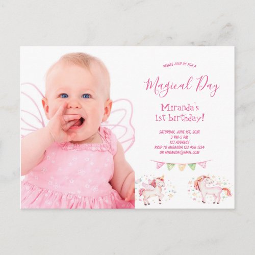 Unicorn photo 1st birthday party girl invitation postcard