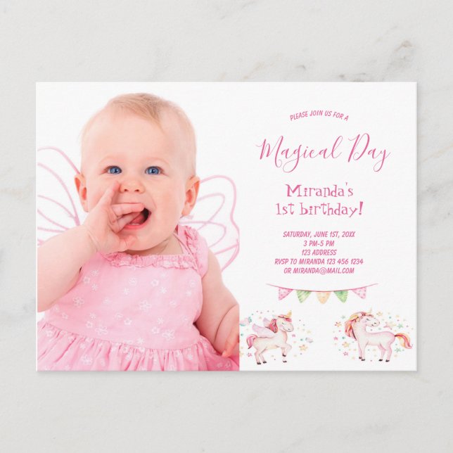 Unicorn photo 1st birthday party girl invitation postcard (Front)