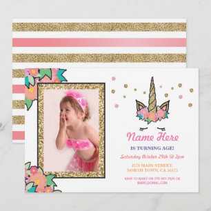 Unicorn Photo Birthday Party ANY Age Gold Invite