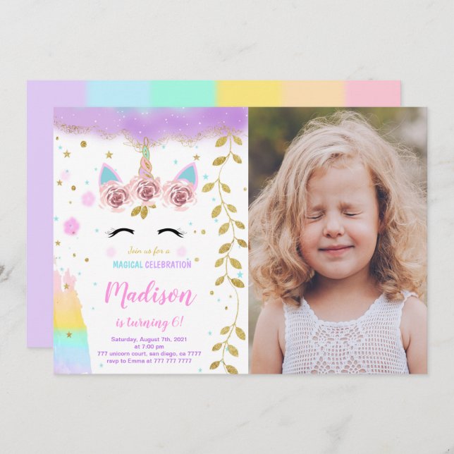 Unicorn Photo Invitation (Front/Back)