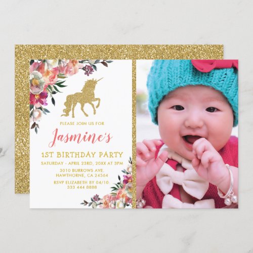 Unicorn Photo Pink Gold Glitter Birthday Party Invitation