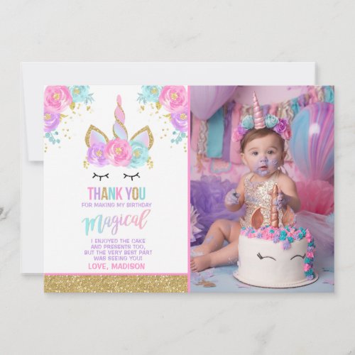 Unicorn Photo Thank You Card Pink Gold Unicorn