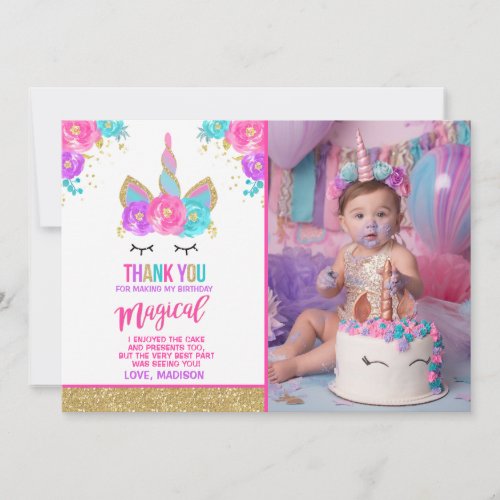 Unicorn Photo Thank You Card Pink Gold Unicorn