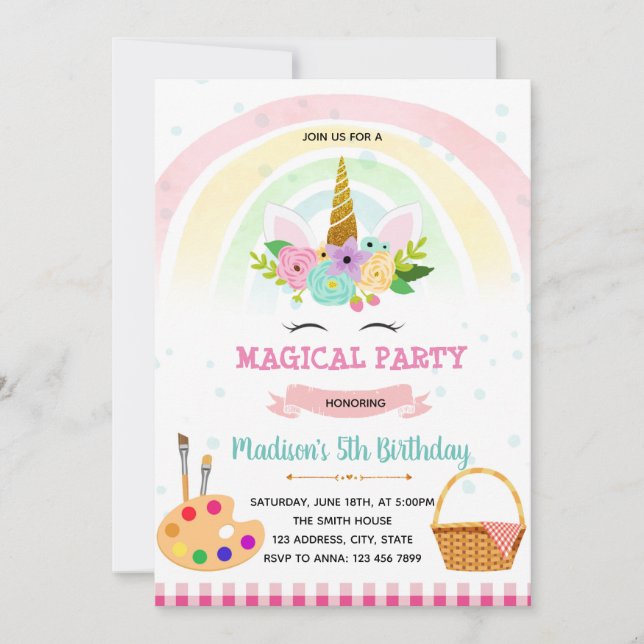 Unicorn picnic paint theme party invitation (Front)
