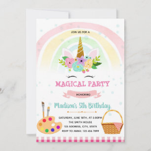 Unicorn picnic paint theme party invitation