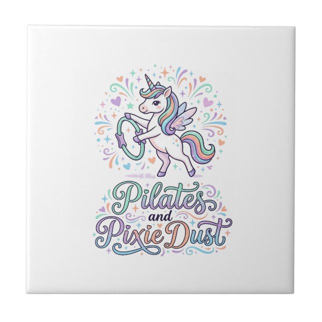Unicorn Pilates and Pixie Dust White Background Ve Ceramic Tile (Front)