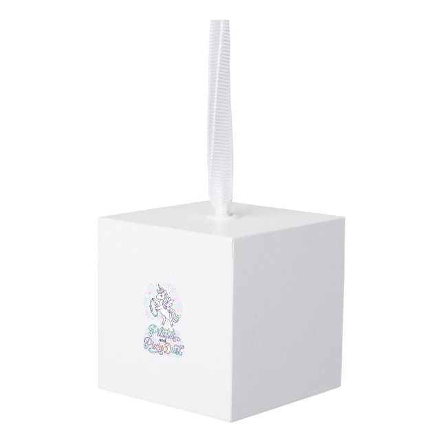 Unicorn Pilates and Pixie Dust White Background Ve Cube Ornament (Back Angled)