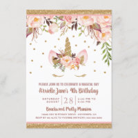 Unicorn Pink and Gold Birthday Party Invitations