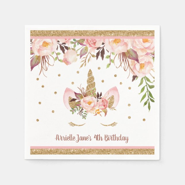 Unicorn Pink and Gold Birthday Party Napkins (Front)
