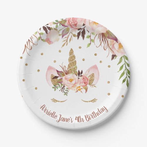 Unicorn Pink and Gold Birthday Party Plates