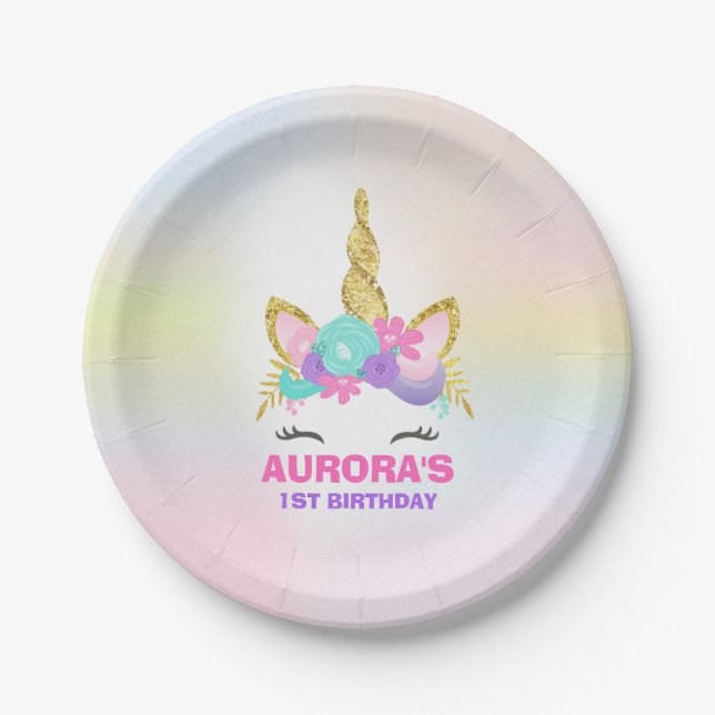 Unicorn Pink And Gold Paper Plate 7" Paper Plates (Front)